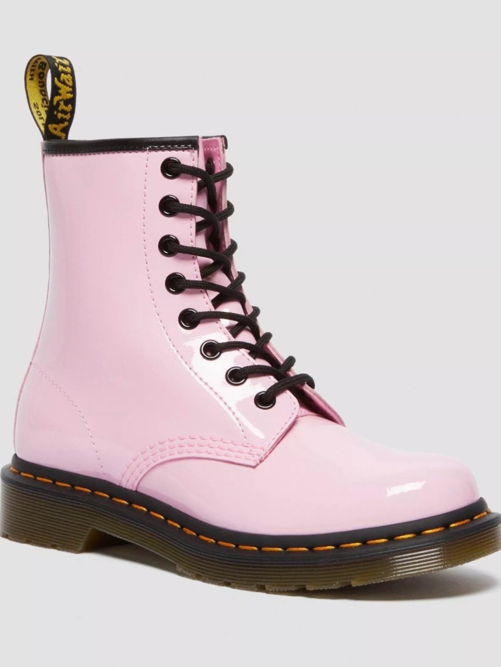 Dr. Martens Pink Patent 8-Eye Lace-Up Boot with Black Trim